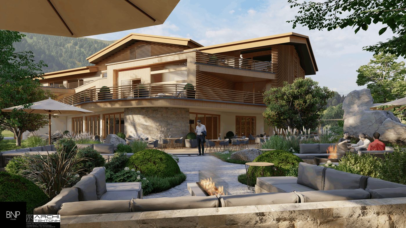 Rendering of an alpine timber hotel with terrace and fire lounges