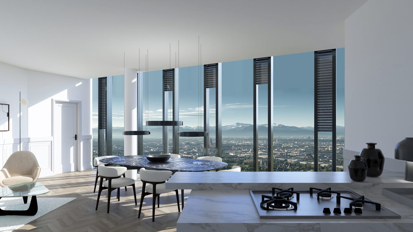 Rendering of a penthouse kitchen with panoramic view over Munich towards the Alps