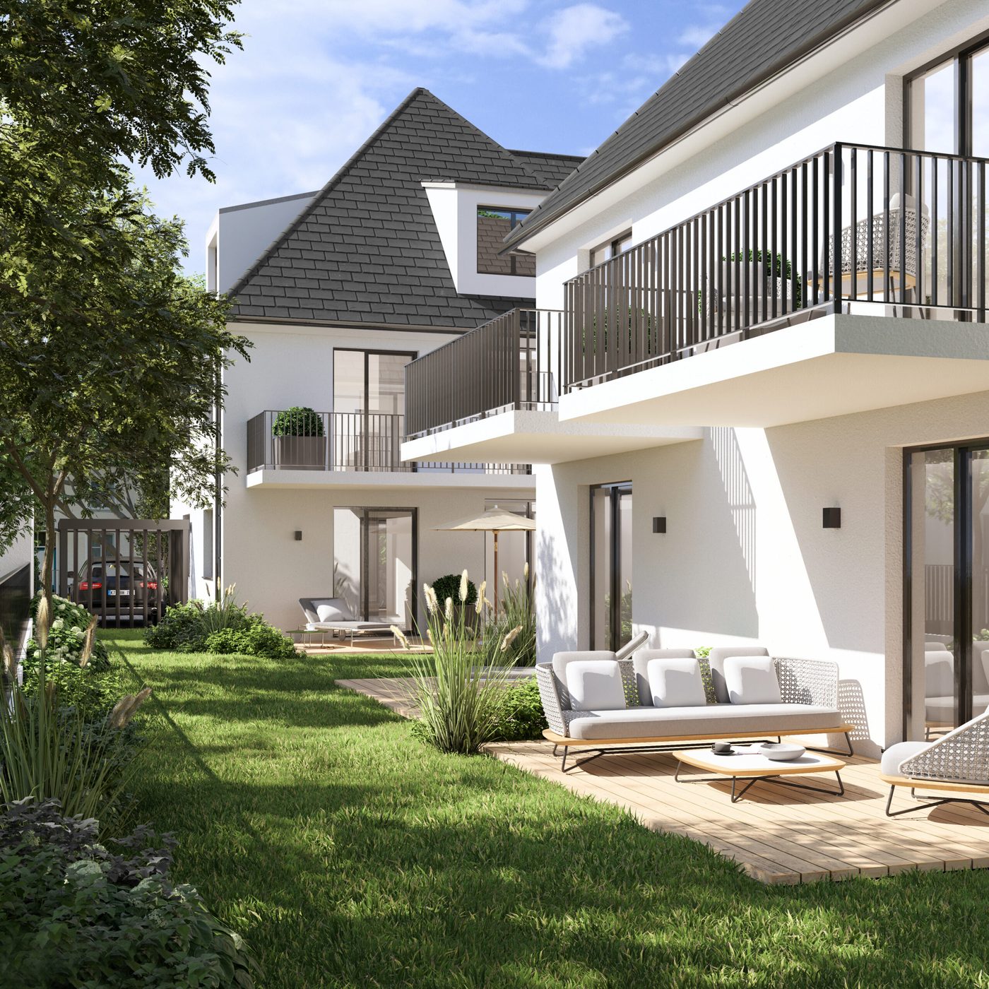 Rendering of a multi-family residential courtyard with balconies in Munich