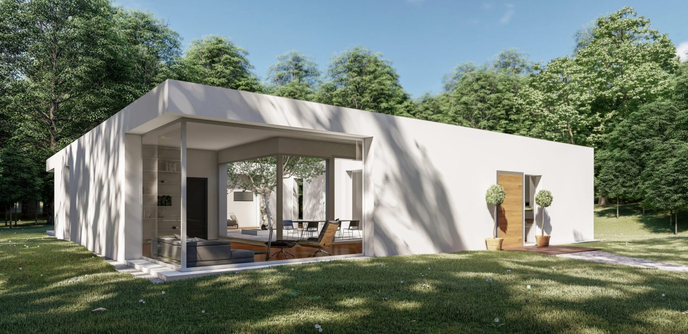 Rendering of the Atriumhouse — a flat-roofed single-family residence in a forest clearing